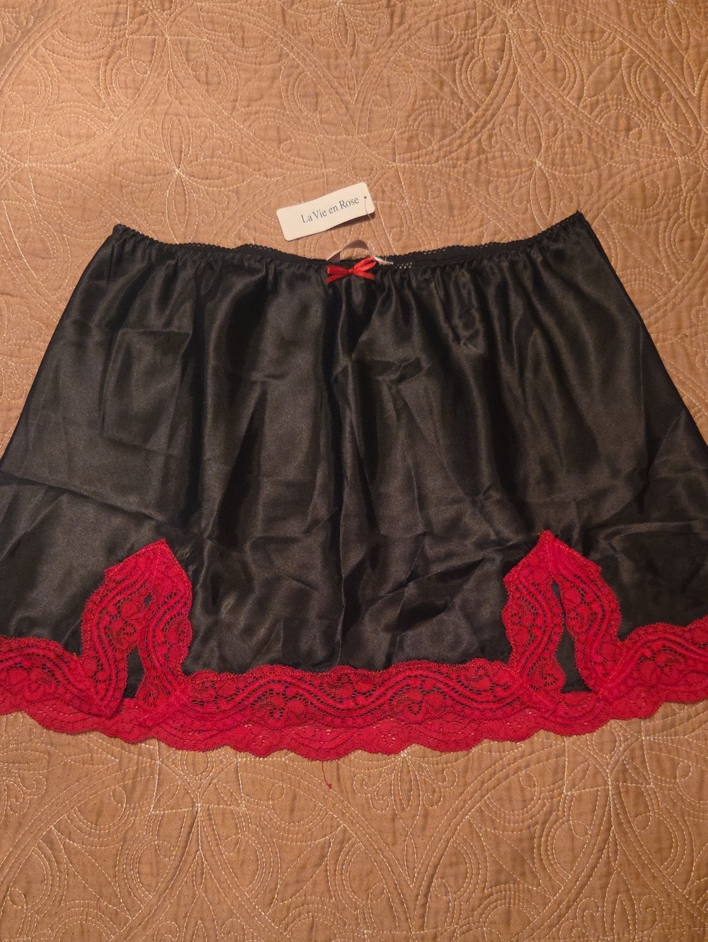 La Vie En Rose Black Mini Slip Skirt with Red Lace Hem